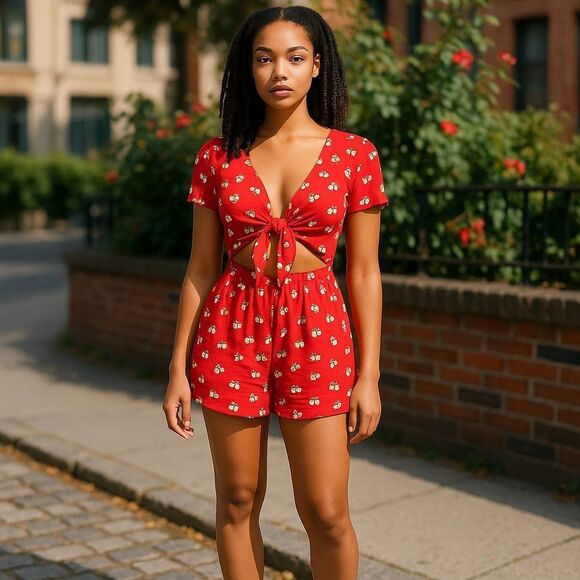 Streetwear Society Red Floral Tie Bodice Romper Jumper Size Small NWT - Picture 1 of 12